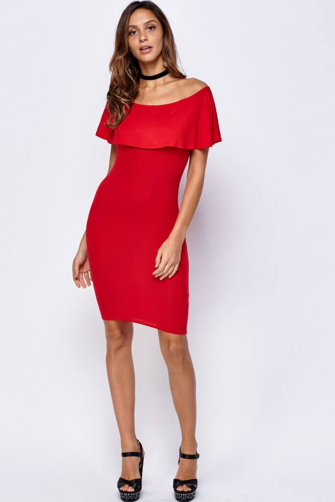Off Shoulder Red Flare Overlay Dress