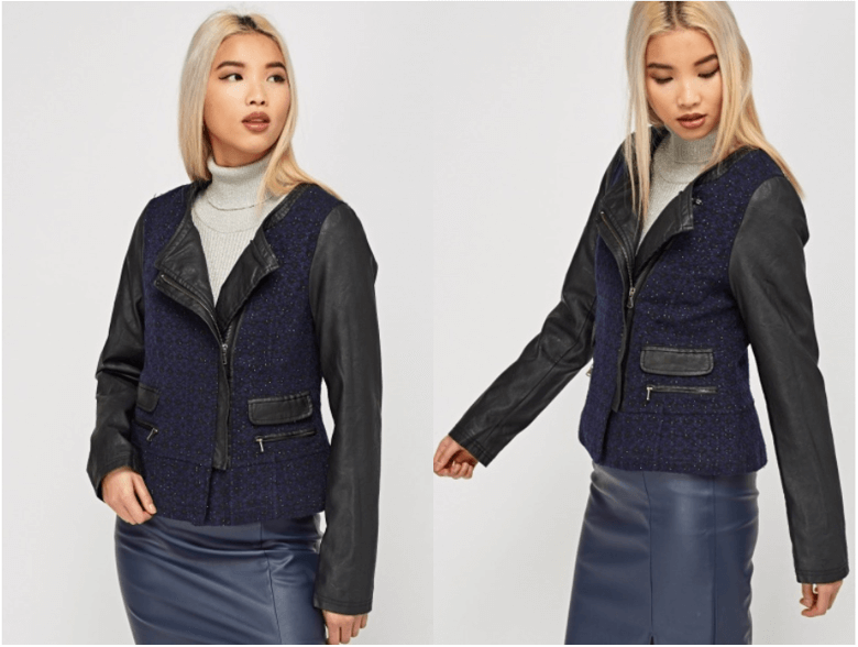 women's faux leather contrast sleeve jacket vegan fashion