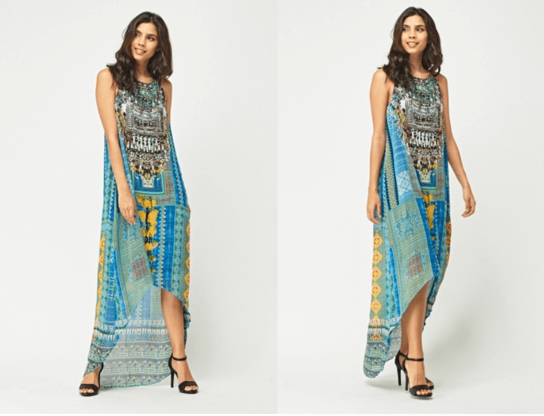 Embellished detail print maxi dress high low hem holiday beach to bar outfits