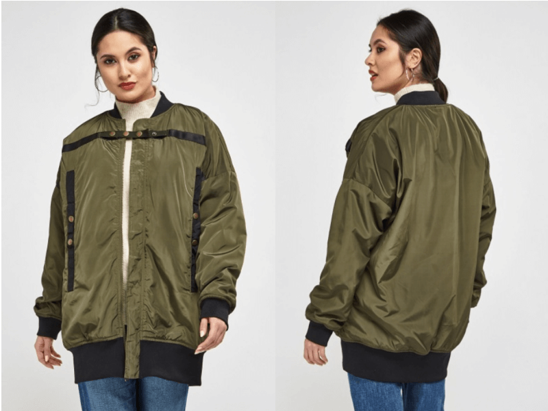 Khaki ribbed trim long bomber jacket autumn trend functional outerwear