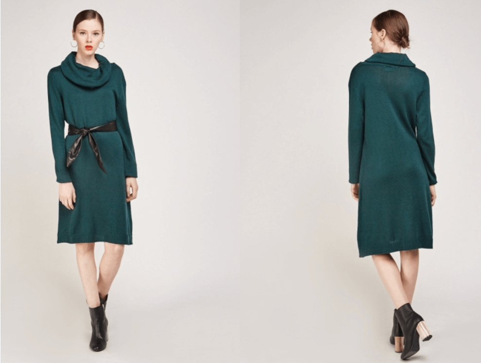 green cowl neck jumper dress belted how to wear