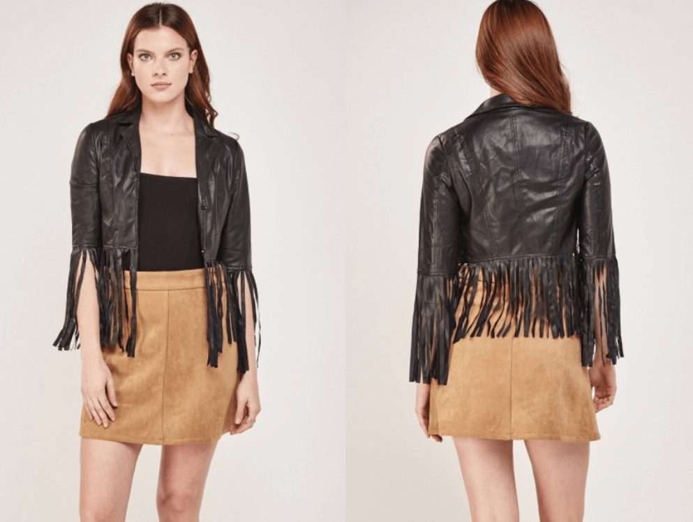 women's fringed trim faux leather vegan jacket