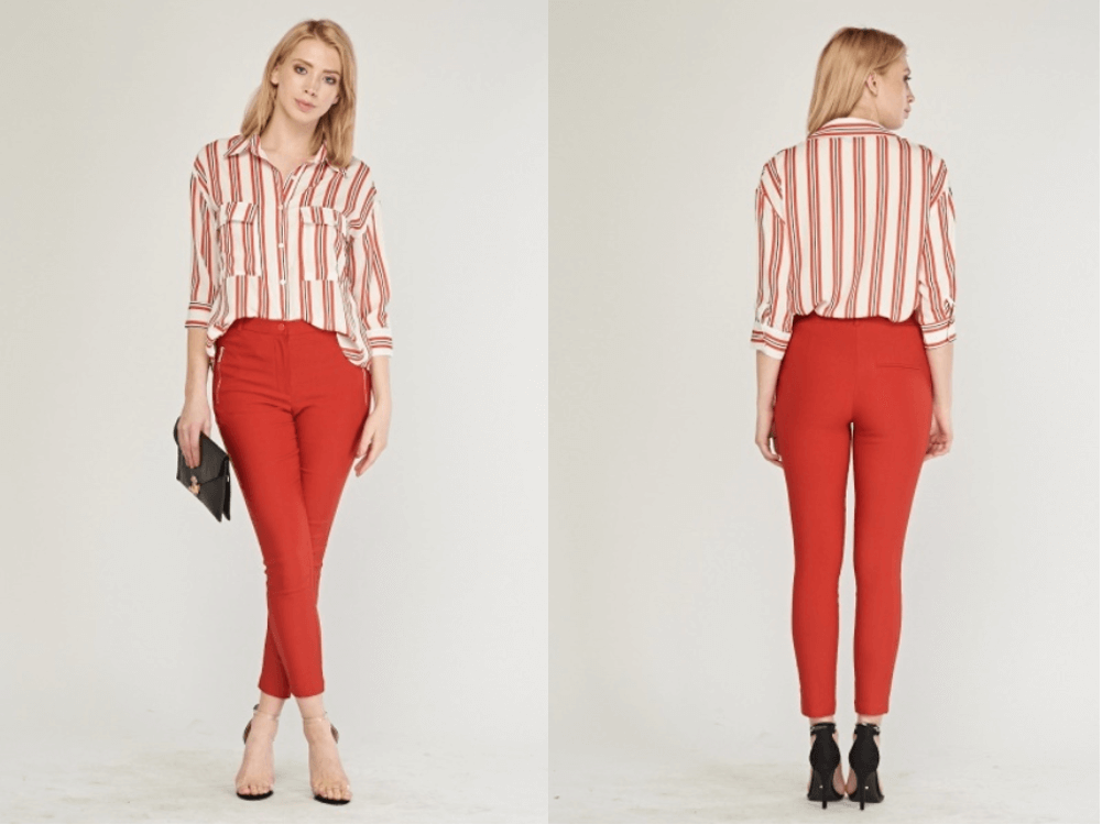 women's red zipper front crop smart jeans power dressing workwear