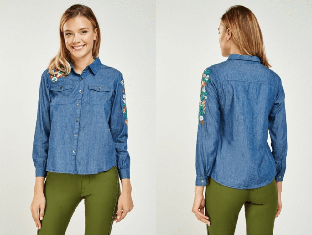 Embroidered sleeve denim shirt trends 2019