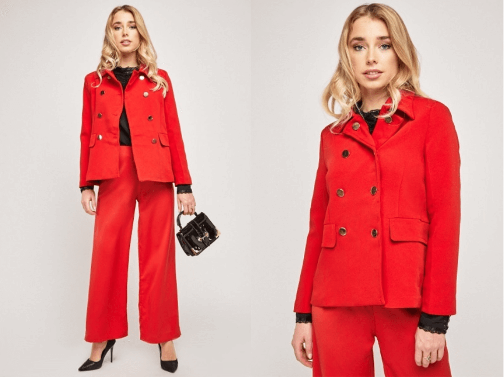women's cheap red button front jacket tailoring trend how to wear suits