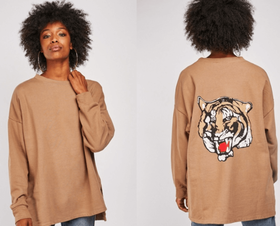 Tiger Print Back Oversize Sweatshirt